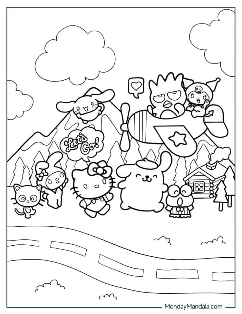 Cute cartoon characters flying over mountains and a cabin