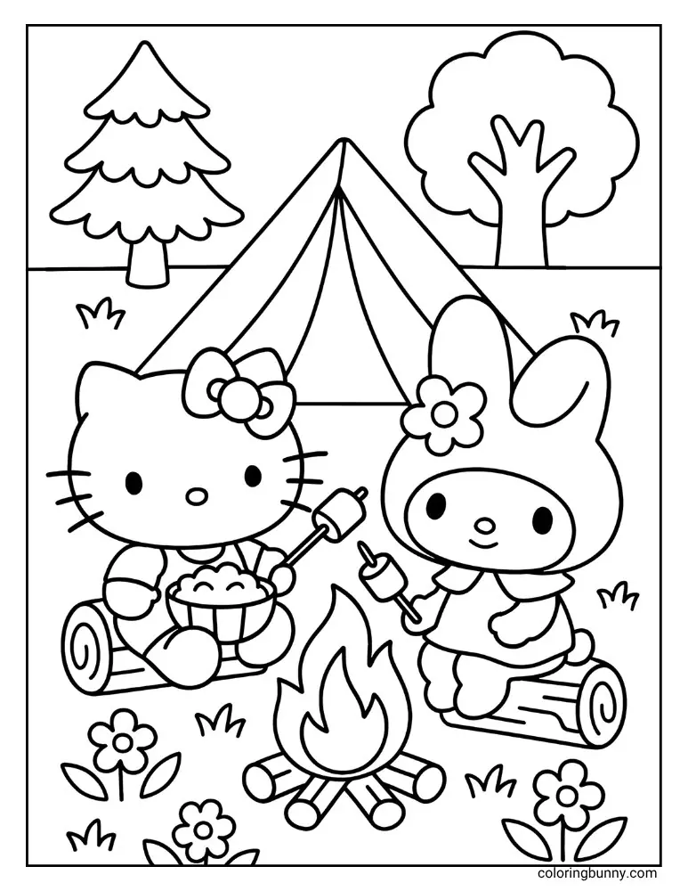 Two cartoon animals sit on logs roasting marshmallows by campfire near tent.