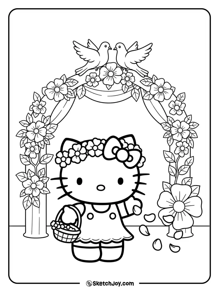 Hello Kitty wearing a flower crown in front of arch with doves