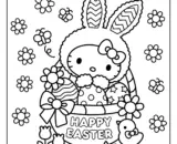 Hello Kitty with bunny ears among flowers and basket.