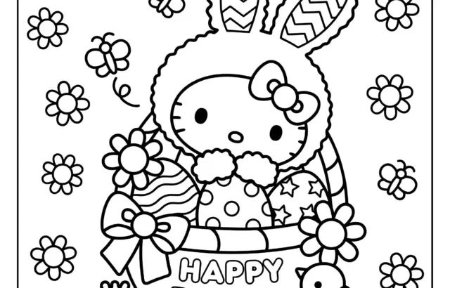 Hello Kitty with bunny ears among flowers and basket.