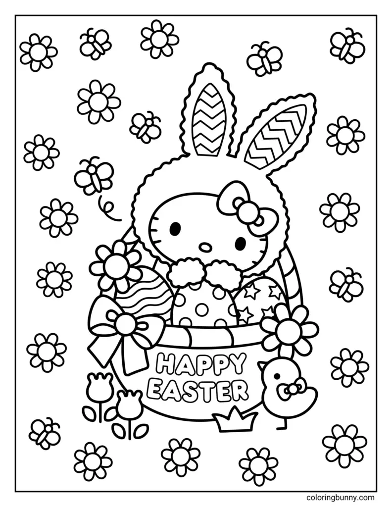 Hello Kitty with bunny ears among flowers and basket.