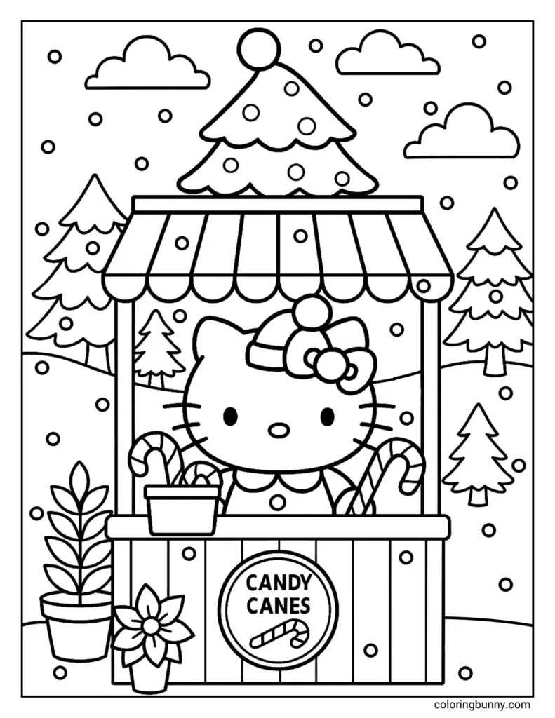 Hello Kitty candy cane stall in snowy scene