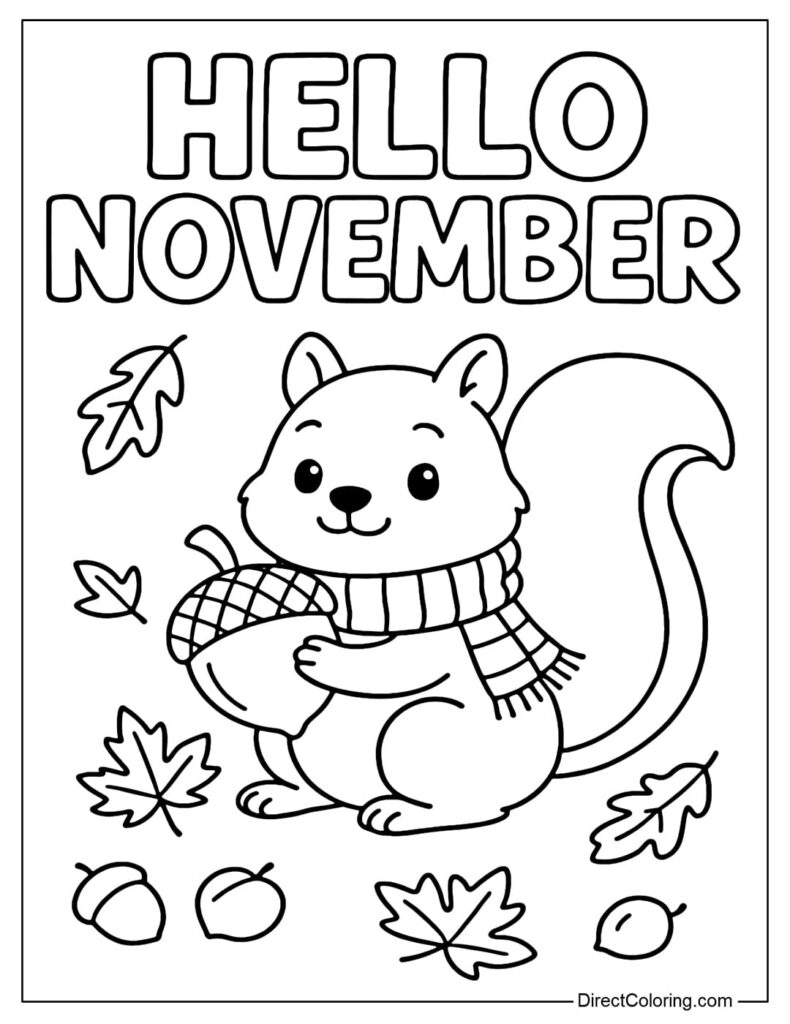 Cartoon squirrel holding an acorn with November text