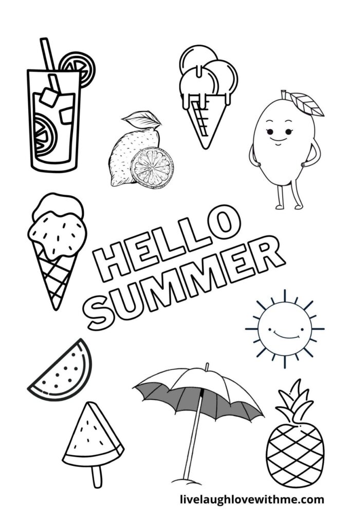 Summer-themed coloring page with fruit and treats, “HELLO SUMMER” text