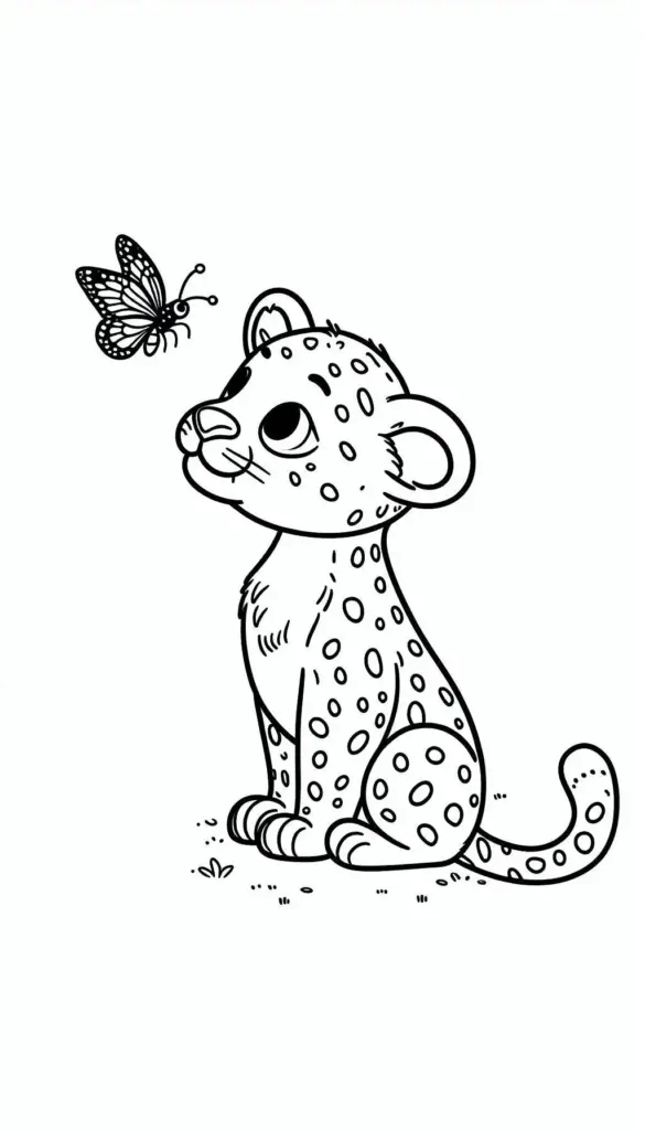 Cartoon spotted leopard cub looking at butterfly