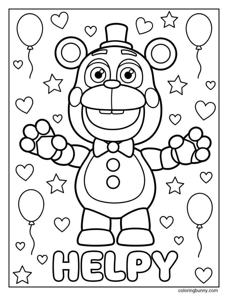 Cartoon bear with top hat, hearts, stars, balloons, and help text