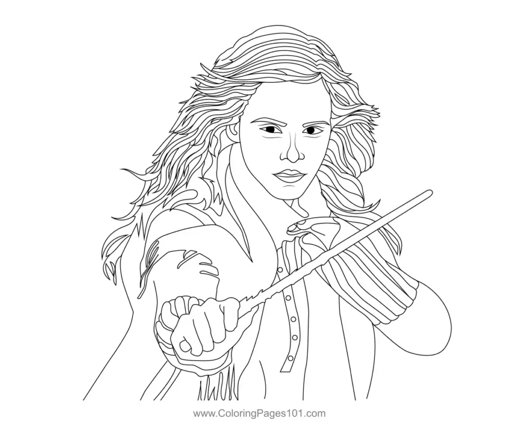 Black-and-white drawing of a woman holding a wand