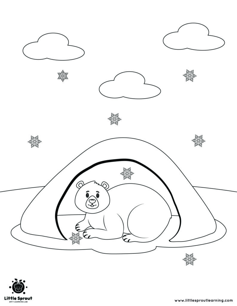 Bear hibernating in an igloo with snowflakes