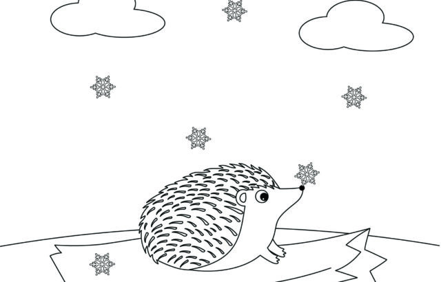 Coloring page of hedgehog on a log with snowflakes