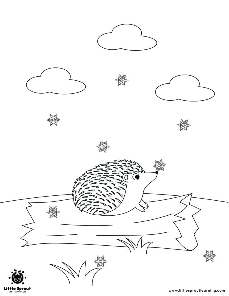 Coloring page of hedgehog on a log with snowflakes