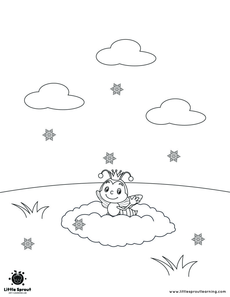 Coloring page of fairy on cloud with snowflakes and clouds