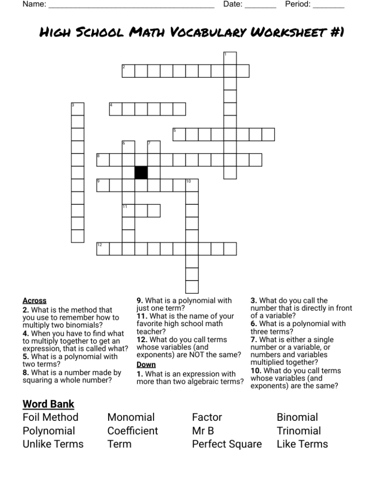 High school math vocabulary worksheet with crossword puzzle