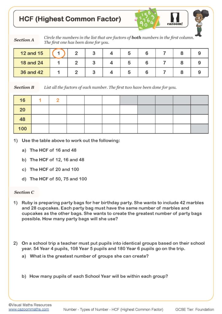 HCF math worksheet with tables and word problems