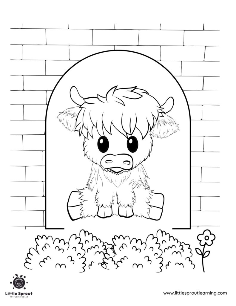 Cartoon yak inside arched doorway, brick wall behind.