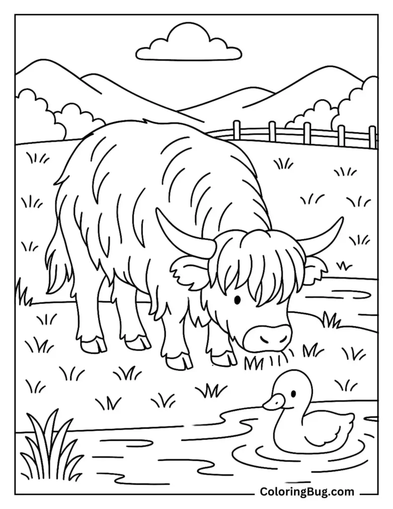 Coloring page of shaggy cow by pond with duck