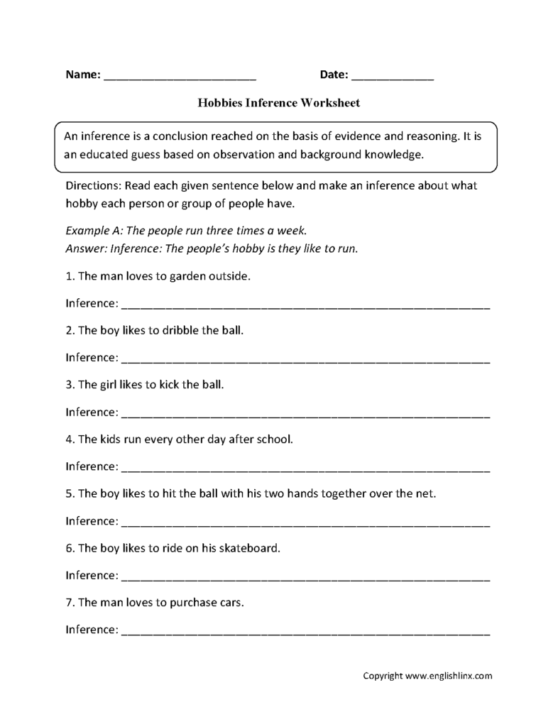 Hobbies inference worksheet with fill-in lines