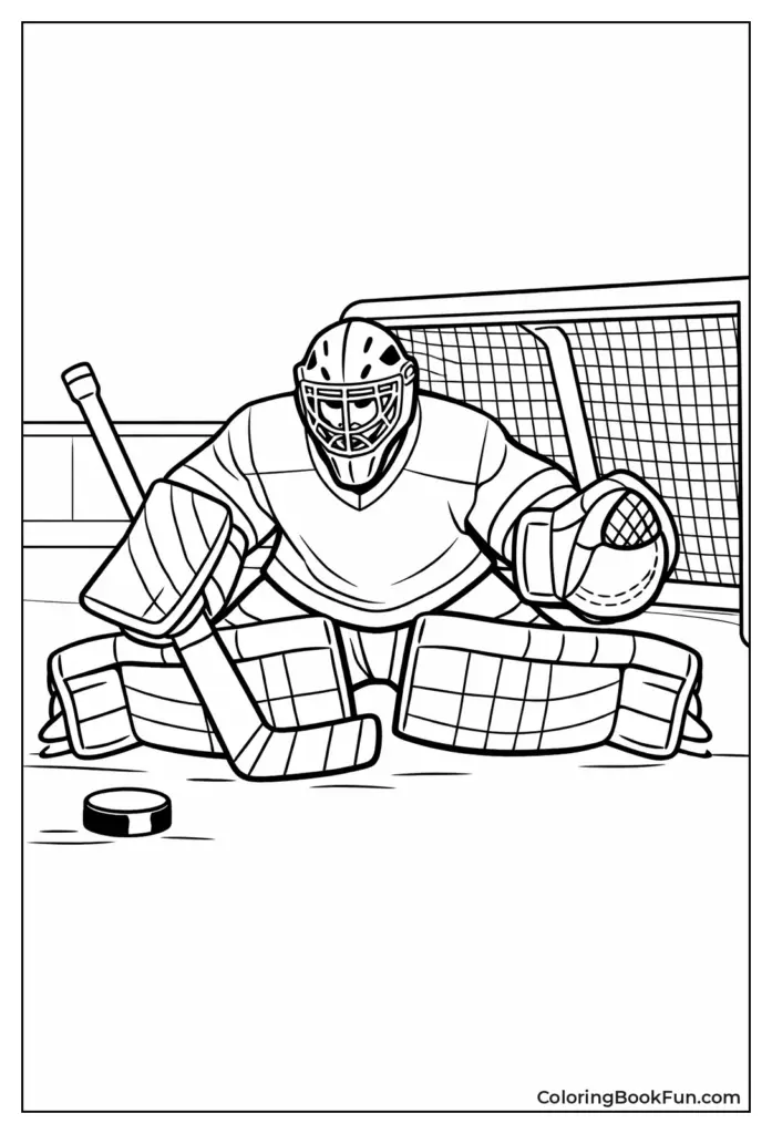 Black-and-white hockey goalie in front of net