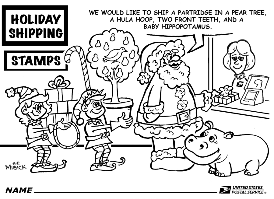 Black-and-white holiday shipping cartoon with Santa, elves, and hippo
