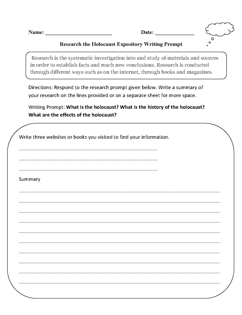 Holocaust research writing prompt worksheet with blank lines
