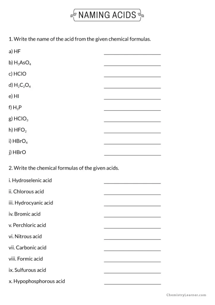 Chemistry worksheet titled Naming Acids with blank answer lines