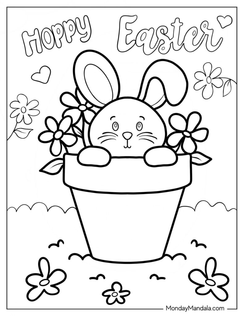 Easter bunny peeking from flower pot coloring page