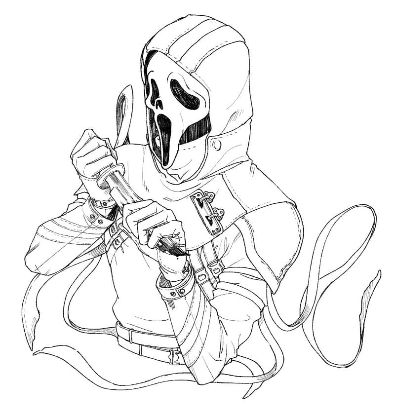 Ghostface-style masked figure holding knives, black-and-white line art