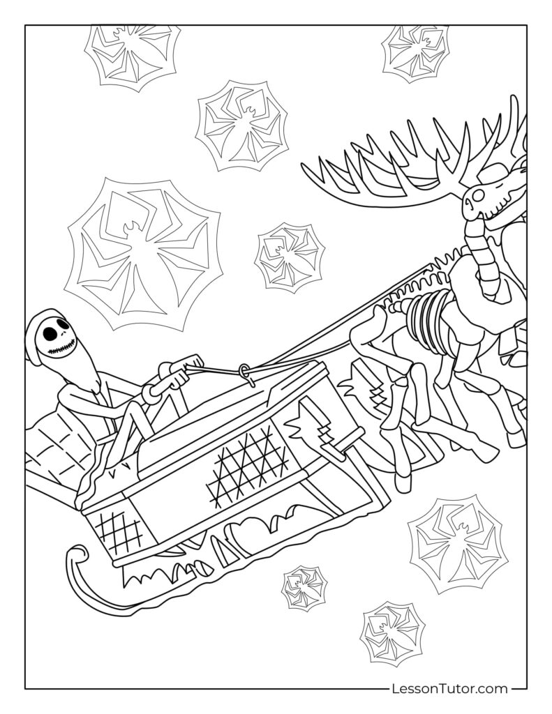 Line-art coloring page with skeletons riding a sleigh with reindeer antlers