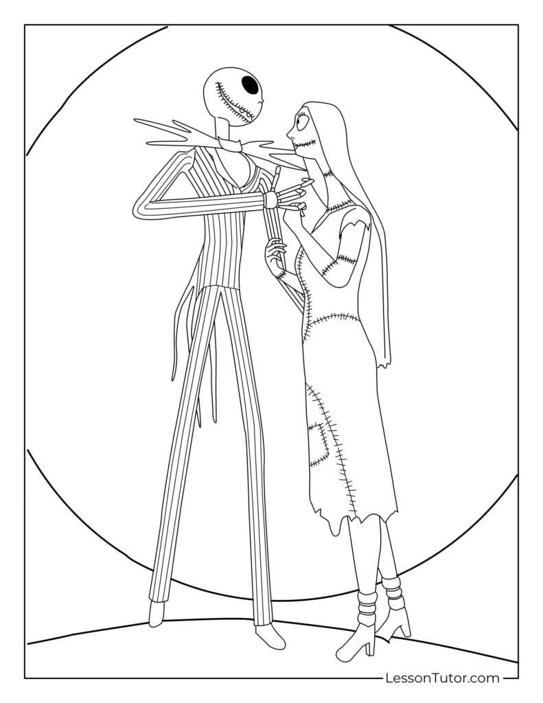 Jack Skellington and Sally standing face to face, line drawing