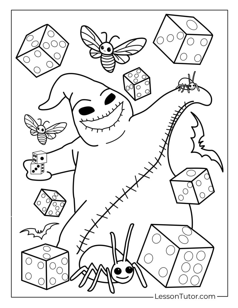 Jack-o'-lantern costume character with dice, bees, and spiders