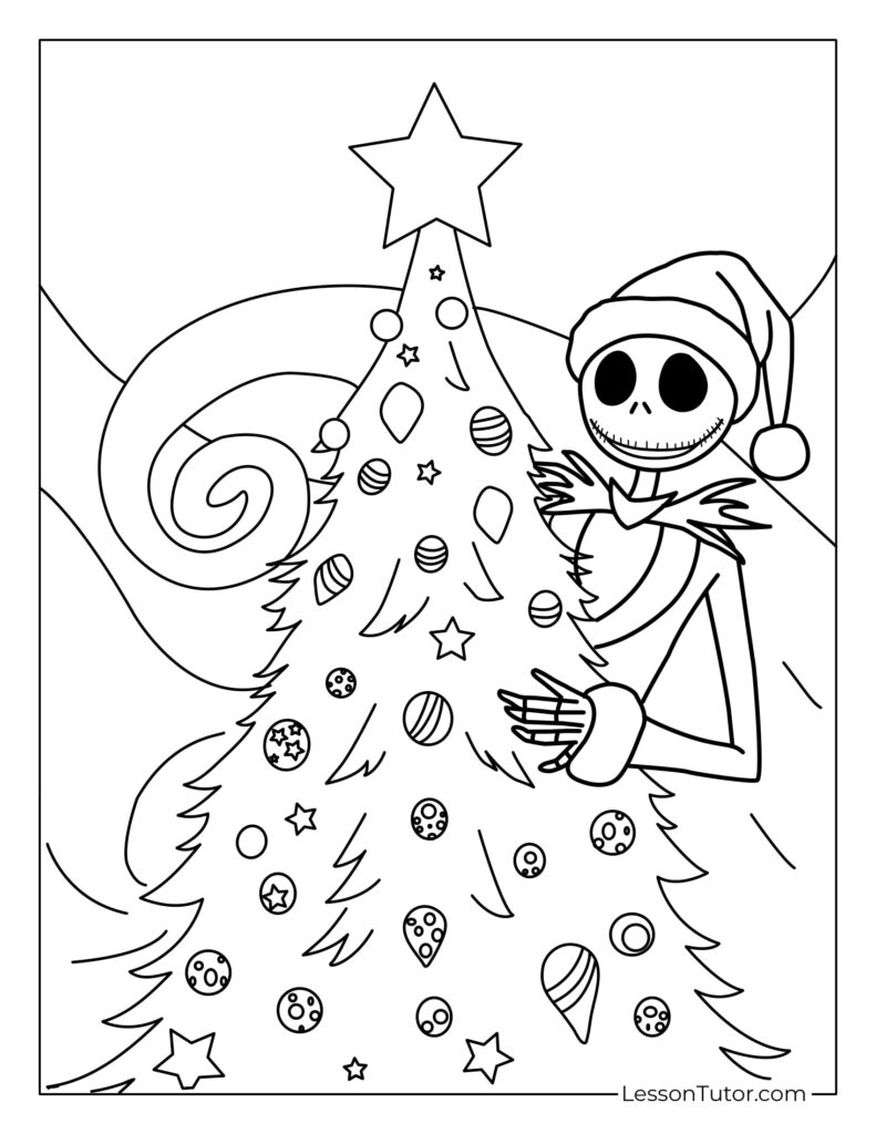 Jack Skellington decorating a Christmas tree