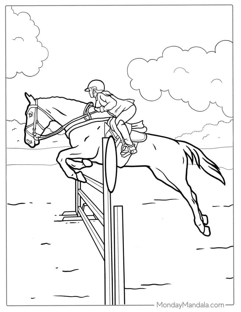 Black-and-white drawing of horse and rider jumping hurdle