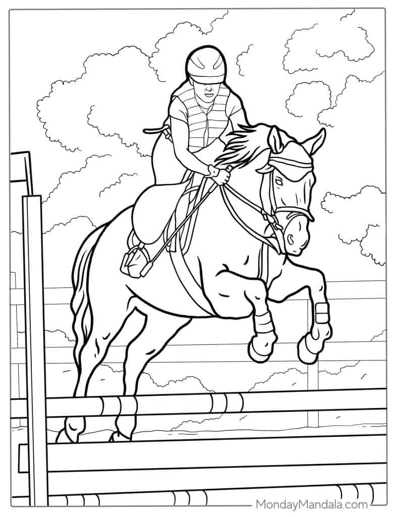 Coloring page of rider jumping a horse over fence