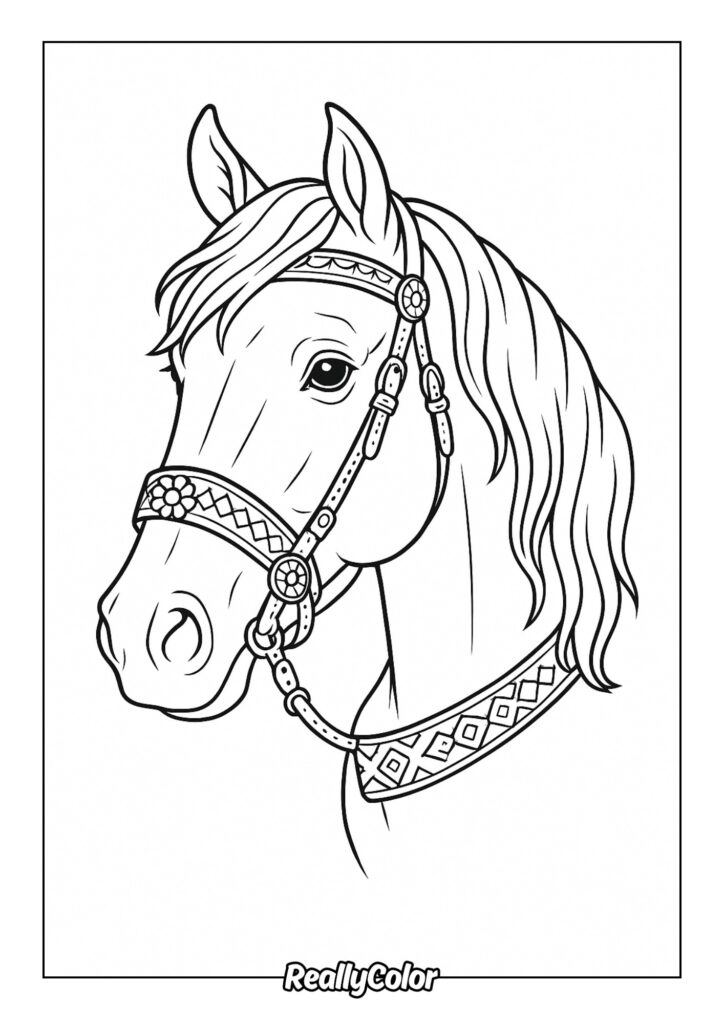Black-and-white horse head coloring page with bridle