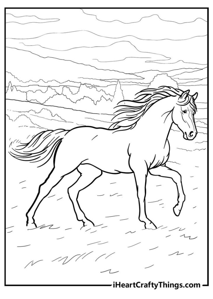 Line drawing of a horse running in a field