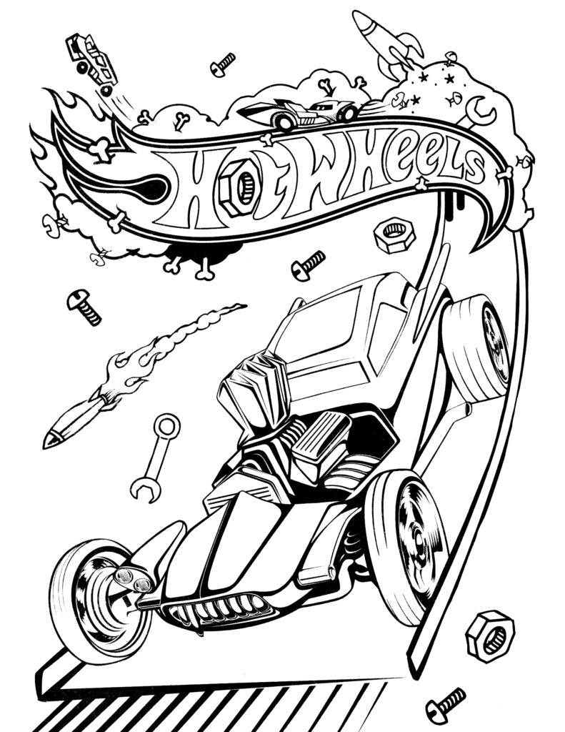 Black-and-white cartoon of a Hot Wheels car and logo
