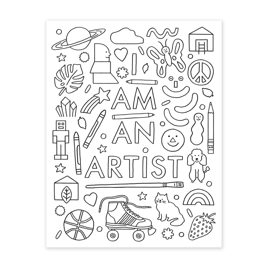 Black-and-white doodle page with ARTIST and icons
