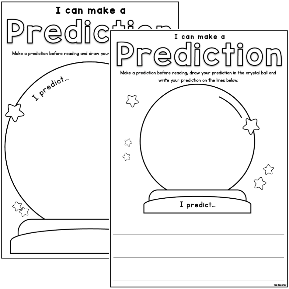 Two overlapping prediction worksheet pages with crystal balls and stars