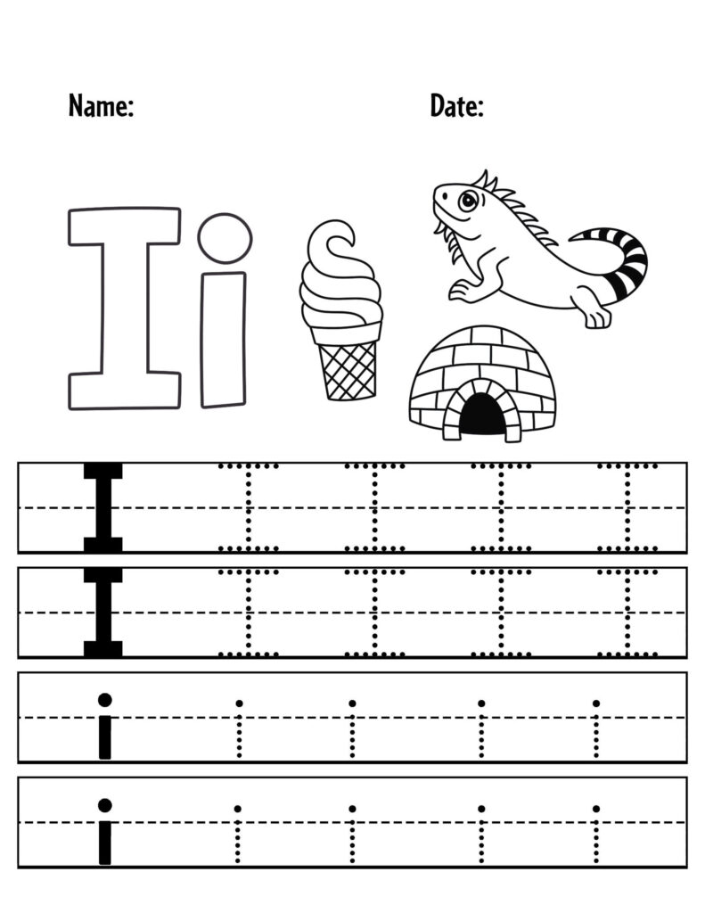 Letter I tracing worksheet with iguana, ice cream, igloo