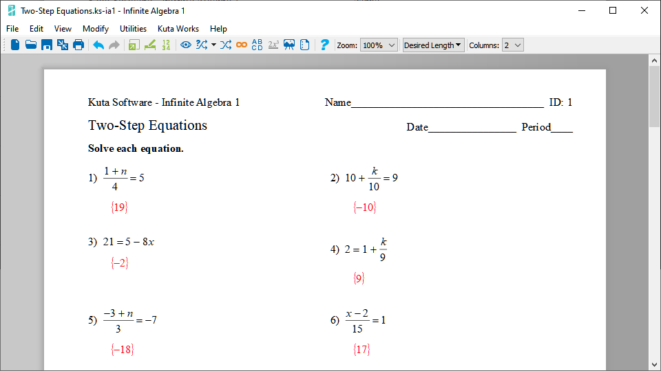 Worksheet page showing two-step equations problems on screen