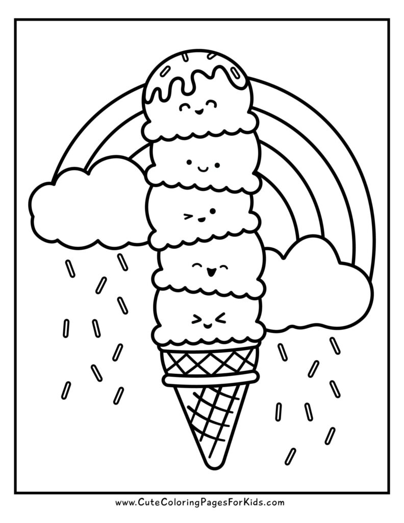 Cute ice cream cone with rainbow and clouds coloring page