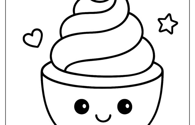 Cute ice cream sundae coloring page with stars and hearts