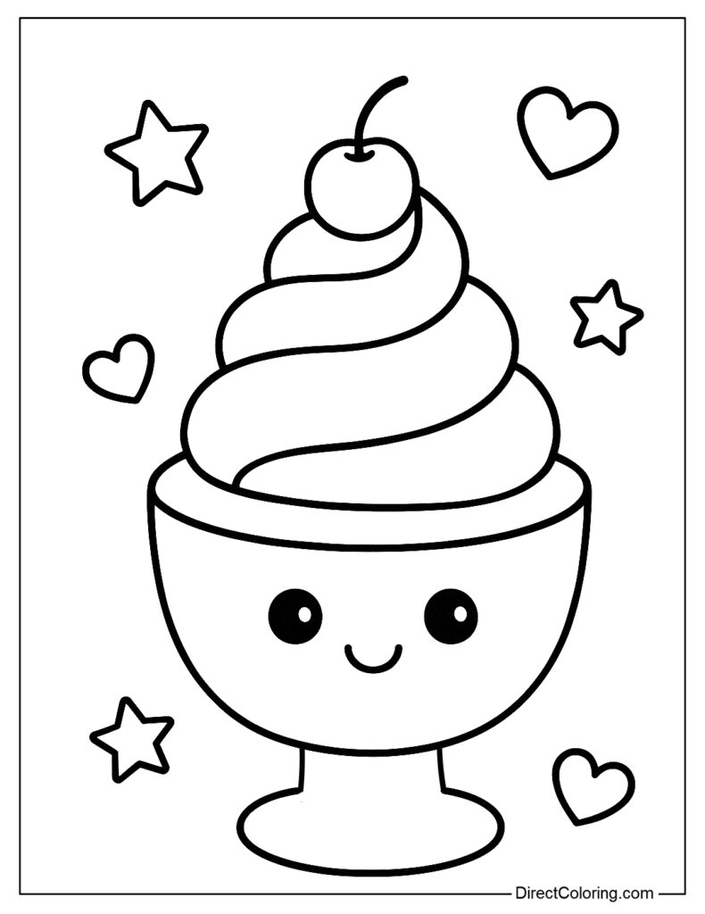 Cute ice cream sundae coloring page with stars and hearts