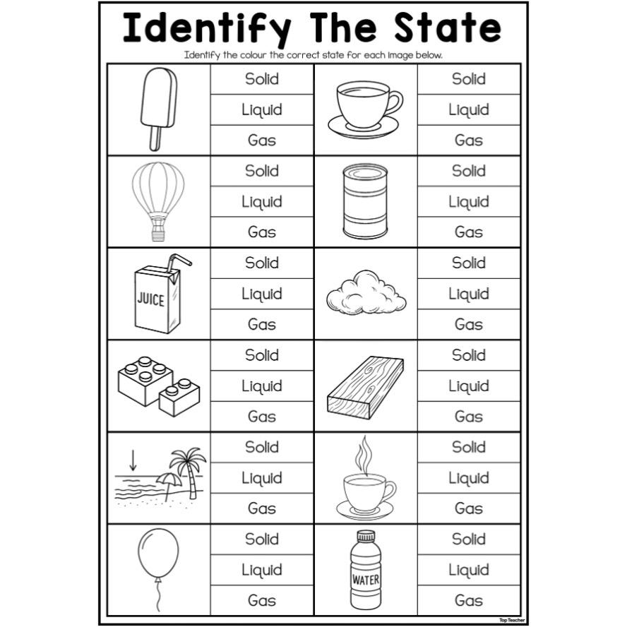 States of matter worksheet with object drawings and labels