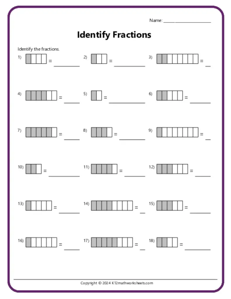 Fractions worksheet with shaded bars and answer blanks