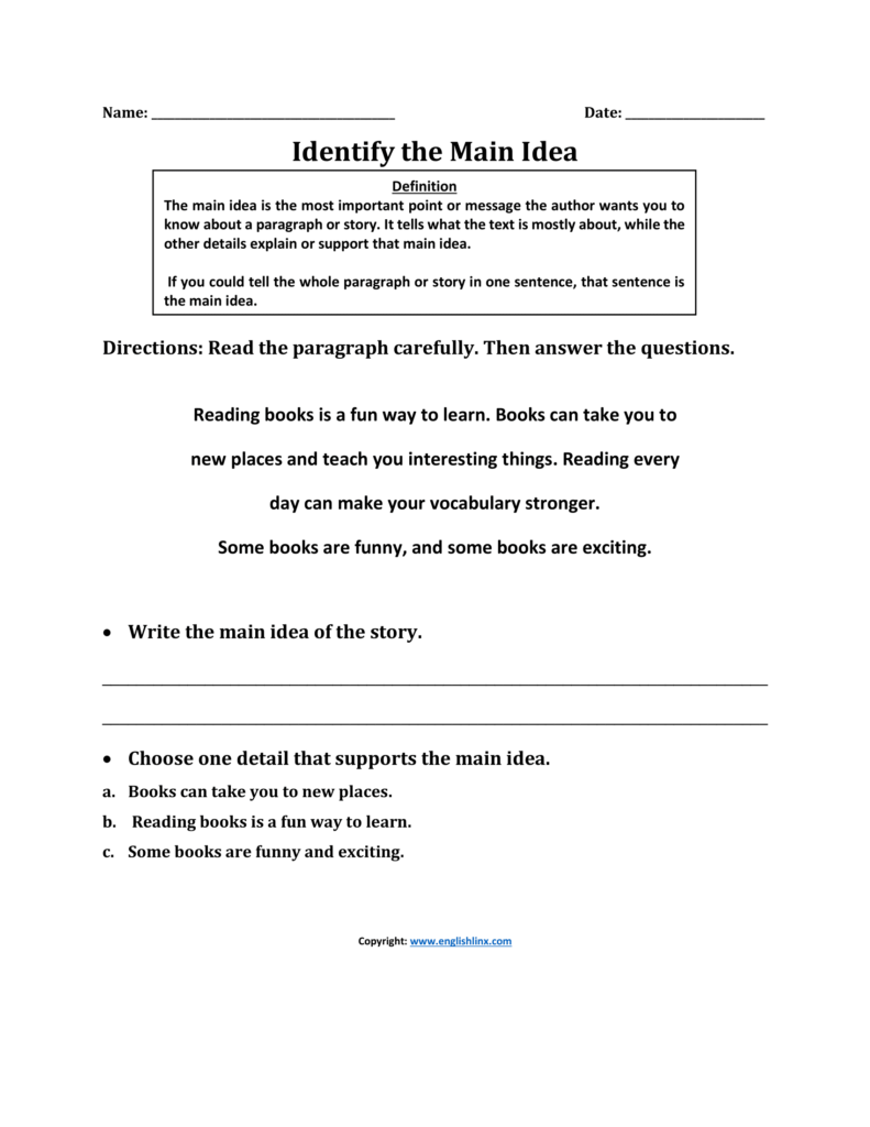 Reading worksheet titled Identify the Main Idea
