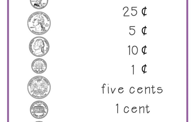 Coin value matching worksheet with eight coins and labels