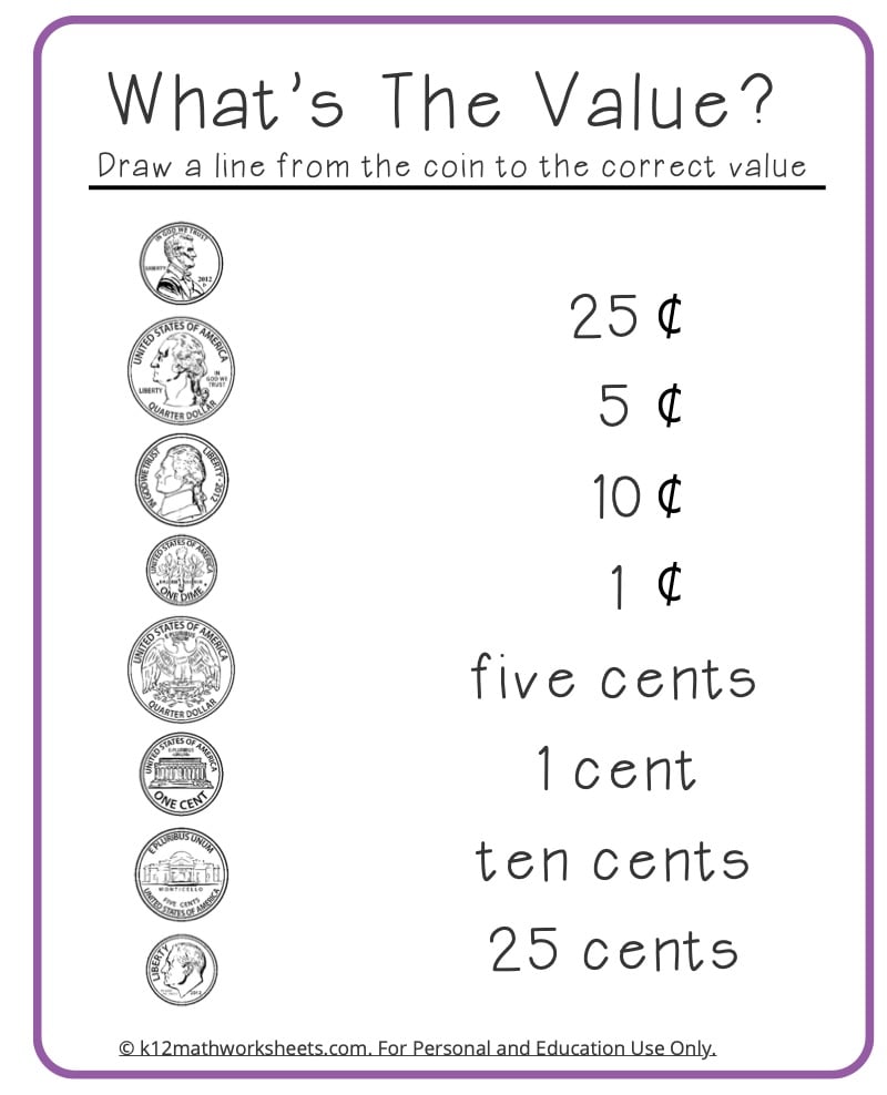 Coin value matching worksheet with eight coins and labels