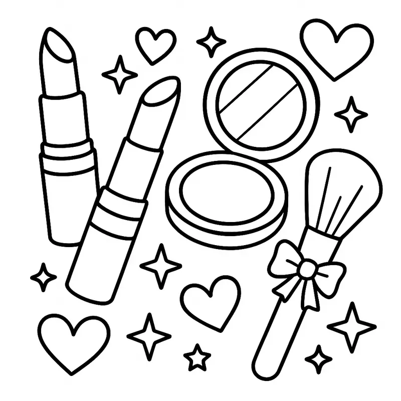 Lipsticks, mirror, compact, and makeup brush with hearts