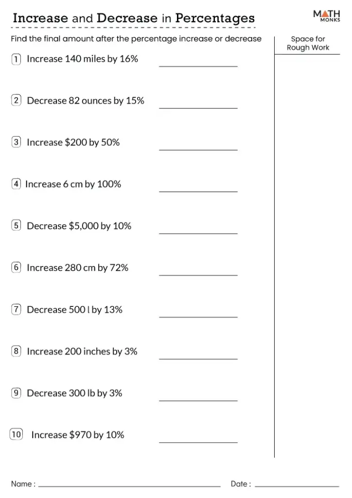 Percentages worksheet with ten increase and decrease problems